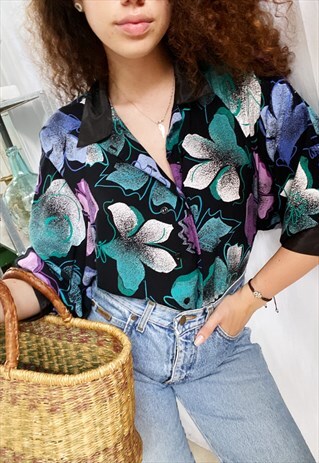 VINTAGE 80S BOTANICA ABSTRACT FLORAL PRINT BOHEME BLOUSE TOP