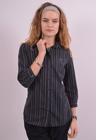 LACOSTE WOMENS VINTAGE SHIRT SMALL BLACK STRIPES 90S