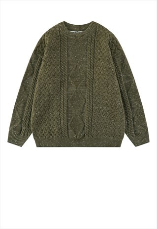 Cable knitwear sweater skater jumper in khaki green