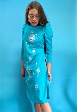Vintage 80s Chinese Satin Turquoise Dress