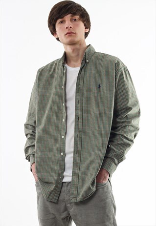 VINTAGE POLO RALPH LAUREN 90S GREEN PLAID CHECK LONG SLEEVE