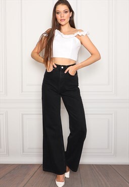Women High Waisted Wide Leg Jeans in Black by Darkly Jeans