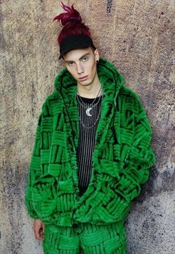 Luxury faux fur jacket check fleece festival bomber in green