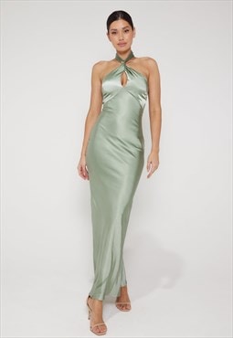 Jessica Halter Neck Keyhole Satin Maxi Dress - Sage Green