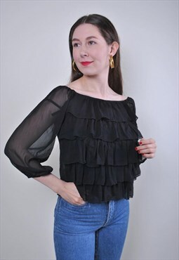 Vintage women black transparent ruffled party blouse 