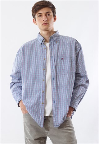 VINTAGE TOMMY HILFIGER 90S BLUE PLAID CHECK LONG SLEEVE