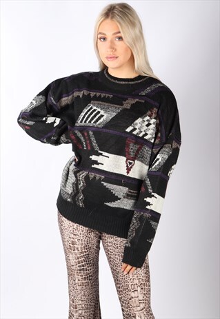 VINTAGE CRAZY PATTERNED JUMPER SWEATER OVERSIZED L KNITTED