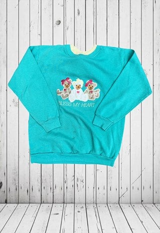 vintage blue cute embroidered teddy bear jumper