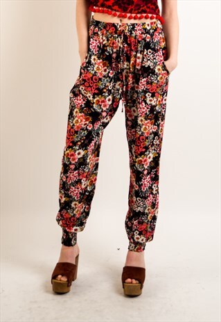 FLORAL PRINT LOOSE FIT COTTON TROUSERS (BLACK)