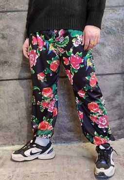 Dragon print joggers slim fit cuffed floral overalls black