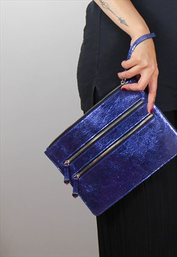 Vintage Y2K Clutch Bag in Blue Croc Effect w Wrist Strap