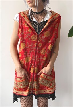 Vintage 90's Red Graphic Floral Full Zip Hooded Sweater Vest