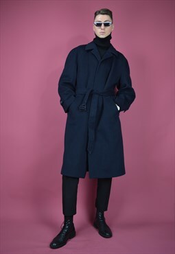  Vintage dark blue classic 80's long wool coat
