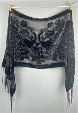 80's Vintage Black Velvet Fringed Peacock Print Scarf Shawl