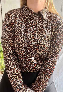 Vintage Brown Animal Leopard Print Velvet Feel 80's Shirt