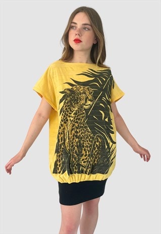 80'S VINTAGE YELLOW ANIMAL PRINT OVERSIZED T SHIRT DRESS