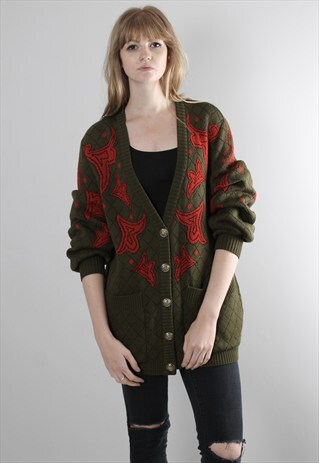 VINTAGE 80S GREEN RED PATTERNED LONG CARDIGAN