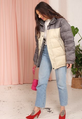 VINTAGE 90S PUFFER JACKET IN CREAM & GREY