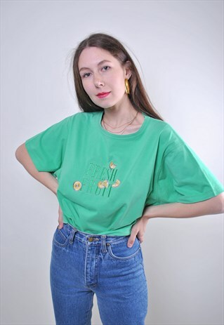 VINTAGE GREEN MINIMALIST FRUITS TSHIRT WITH EMBROIDERY