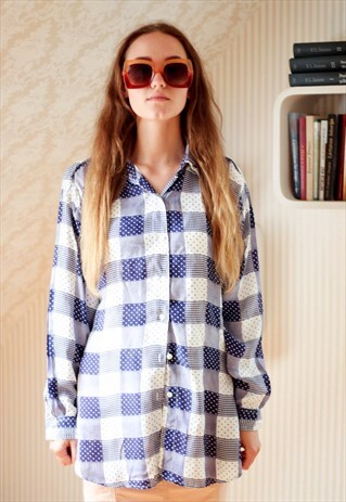 BLUE AND WHITE CHECKED DOT LONG SLEEVE SHIRT