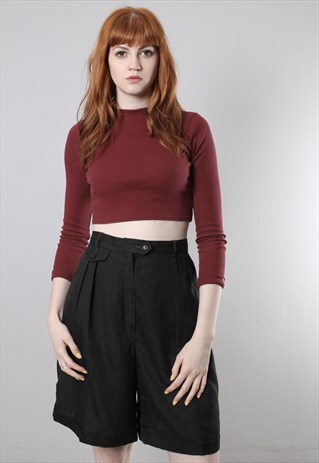 VINTAGE 70S BLACK HIGH WAISTED LINEN TAILORED SHORTS