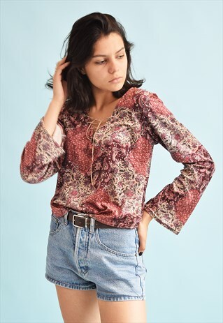 90'S RETRO BOHO ORIENTAL PRINT VELVET PARTY TOP