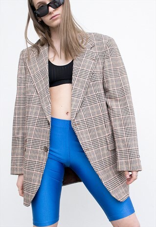 VINTAGE BLAZER PLAID LIGHT BROWN BEIGE SUIT JACKET COLLARED