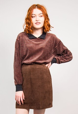 VINTAGE 90'S BROWN STRIPED VELVET COLLARED JUMPER SWEATER