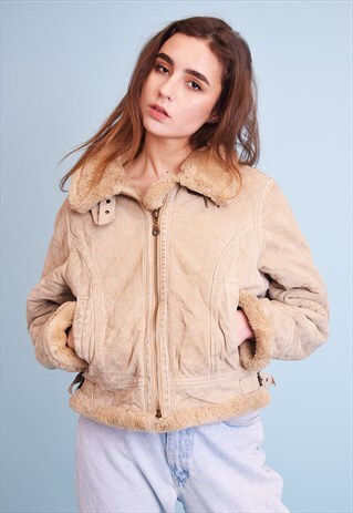 90'S RETRO REAL SUEDE NEUTRAL SHEARLING JACKET