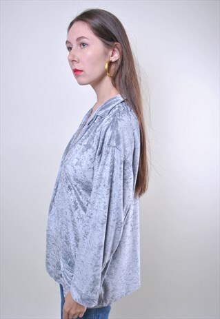 VINTAGE GREY OVERSIZE VELVET EVENING WOMEN BLOUSE, SIZE L