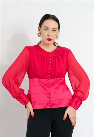 VINTAGE RED BLOUSE IN SPANISH STYLE SHIRT LONG SLEEVE WOMEN
