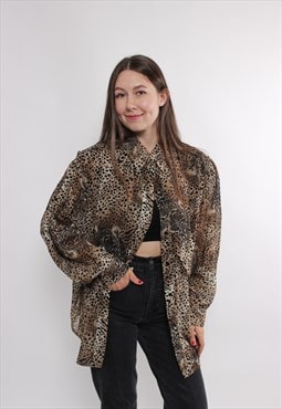 80s leopard pattern blouse, vintage button detail 