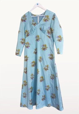 1970s Blue Floral Maxi Dress