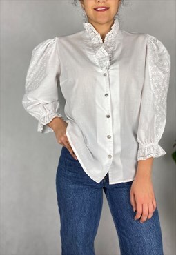 80s Ruffled Broderie Anglaise Traditional Austrian Blouse
