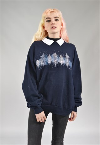 VINTAGE NAVY BLUE CHRISTMAS TREE SWEATER