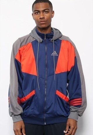 VINTAGE ADIDAS BIG LOGO HOODED TRACK JACKET BLUE AND ORANGE