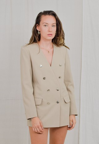 BEIGE BLAZER 80S JACKET DOUBLE BREASTED PADDED SHOULDERS L