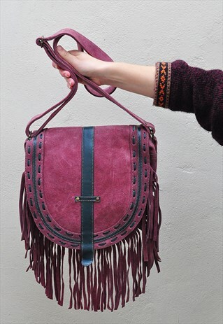 PLUM SUEDE FRINGED TASSELED CROSSBODY BOHO SHOULDER BAG