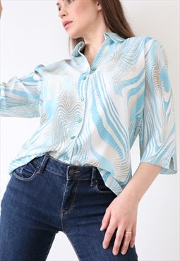 90s Vintage Shirt Abstract Swirl Patterned Blouse Blue