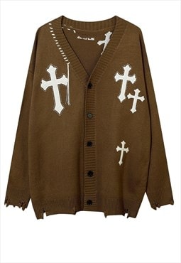 Cross patch cardigan knitted ripped jumper distressed top 