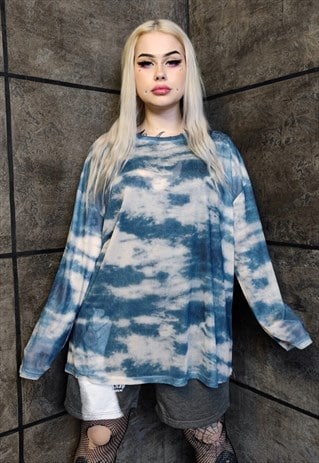 TRANSPARENT MESH TOP SEE-THROUGH TIE-DYE GRUNGE T-SHIRT BLUE