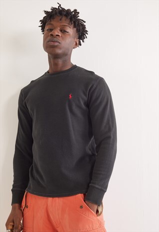 VINTAGE RALPH LAUREN LONG SLEEVE WAFFLE TOP BLACK