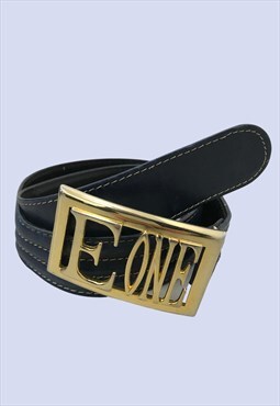 90s Navy Blue Leather Quilted Gold Buckle 'E-One' Belt