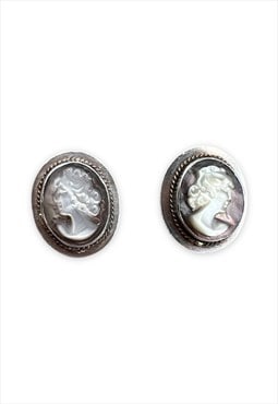 Vintage Silver Earrings Cameo figure Mother of pearl oval