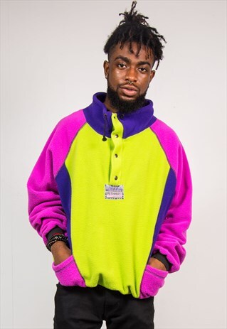 VINTAGE 90'S BRIGHT COLOURBLOCK PULLOVER FLEECE JUMPER