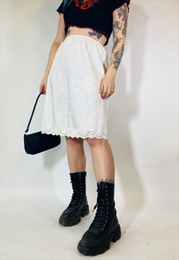 Vintage 90s 00s Y2K Satin Lace White Midi Grunge Slip Skirt