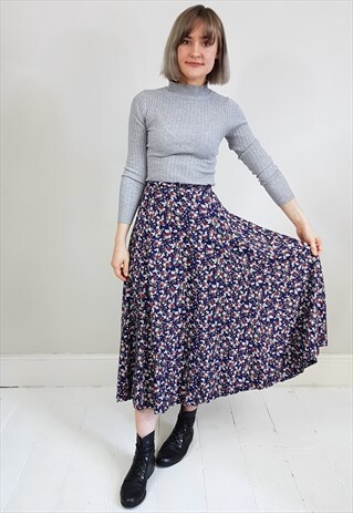 VINTAGE 90'S NAVY BLUE FLORAL BUTTON DOWN MIDI SKIRT