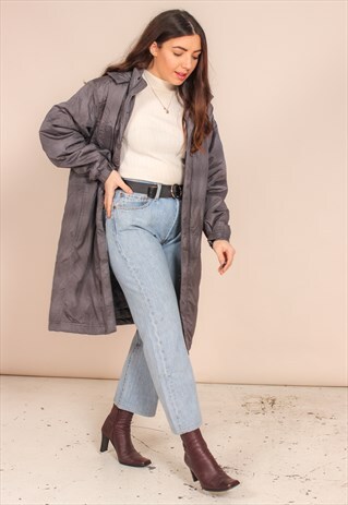 VINTAGE 90S LONG PADDED STRIPE JACKET IN GREY