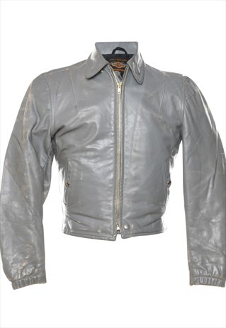 VINTAGE HARLEY DAVIDSON GREY ZIP-FRONT LEATHER BIKER JACKET