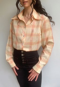 Vintage 70s orange & cream check dagger collar shirt